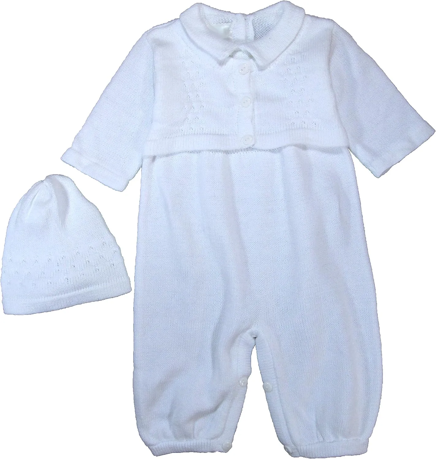 100% Cotton Knit White Boys Infant 2 Piece Long Sleeve Collared Romper with Cap