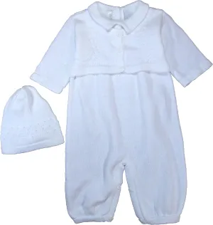 100% Cotton Knit White Boys Infant 2 Piece Long Sleeve Collared Romper with Cap