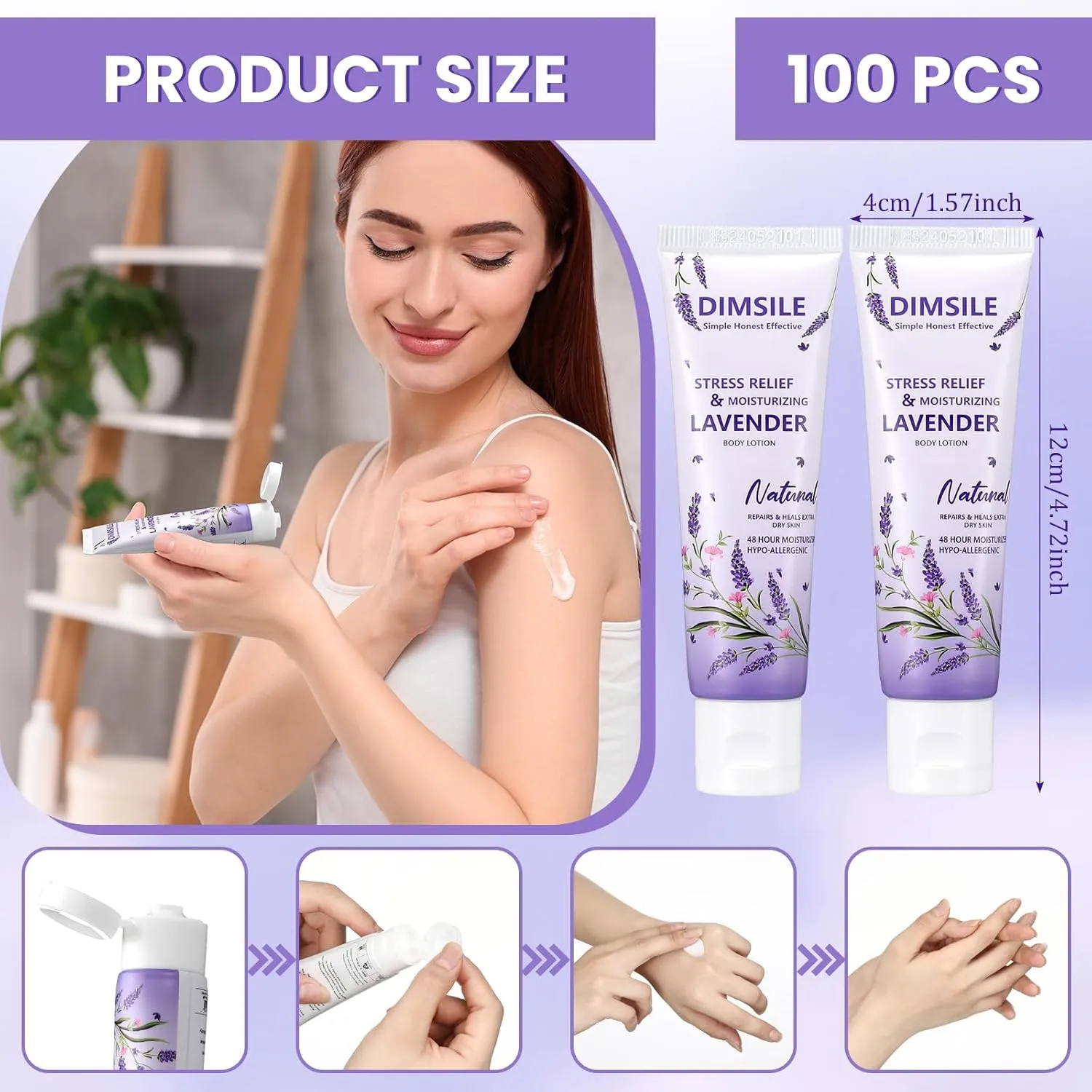100 Pack Lavender Travel Size Body Lotion 1 oz Dry Skin Moisturizer with Flip Cap for Extra Dry Skin, for Inns and Hotels, Offices, Airlines, Gyms and More