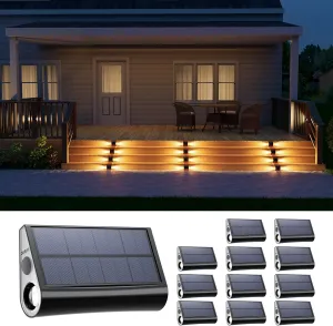 12 Pack Solar Powered Stair Lights Outdoor Waterproof Warm White Lamps for Deck Step Safety Outside Decorative LED for Porch, Sideway, BackYard, Garden, Pool, Easy Installation & All Night Lighting