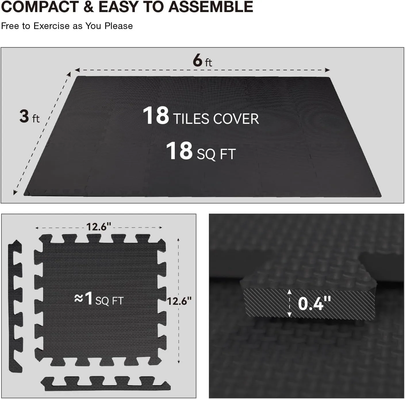 18 Tiles Gym Floor Mat, EVA Foam Puzzle Gym Mat, High-Density Interlocking Foam Floor Tiles for Home Gym, Play Workout Garage Kitchen Flooring