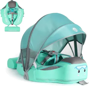 2025 Mambobaby Float Non-Inflatable Baby Pool Float with Canopy Solid Infant Pool Float with Canopy UPF 50  Swim Ring Swimming Float with Tail & Adjustable Safety Seat(Baby Green)