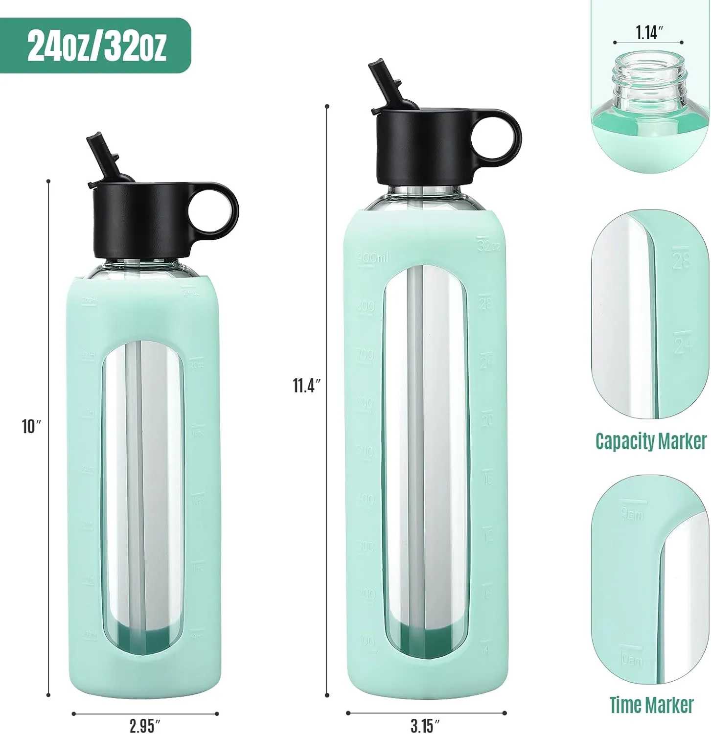 24oz Glass Water Bottle With 2 Lids, Glass Tumbler With Silicone Sleeve, Drinking Bottles With Motivational Time Marker,1 Pack-Light Blue
