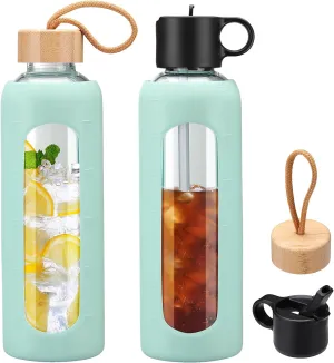 24oz Glass Water Bottle With 2 Lids, Glass Tumbler With Silicone Sleeve, Drinking Bottles With Motivational Time Marker,1 Pack-Light Blue