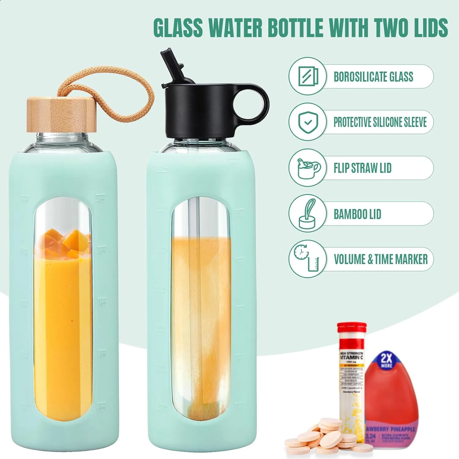 24oz Glass Water Bottle With 2 Lids, Glass Tumbler With Silicone Sleeve, Drinking Bottles With Motivational Time Marker,1 Pack-Light Blue