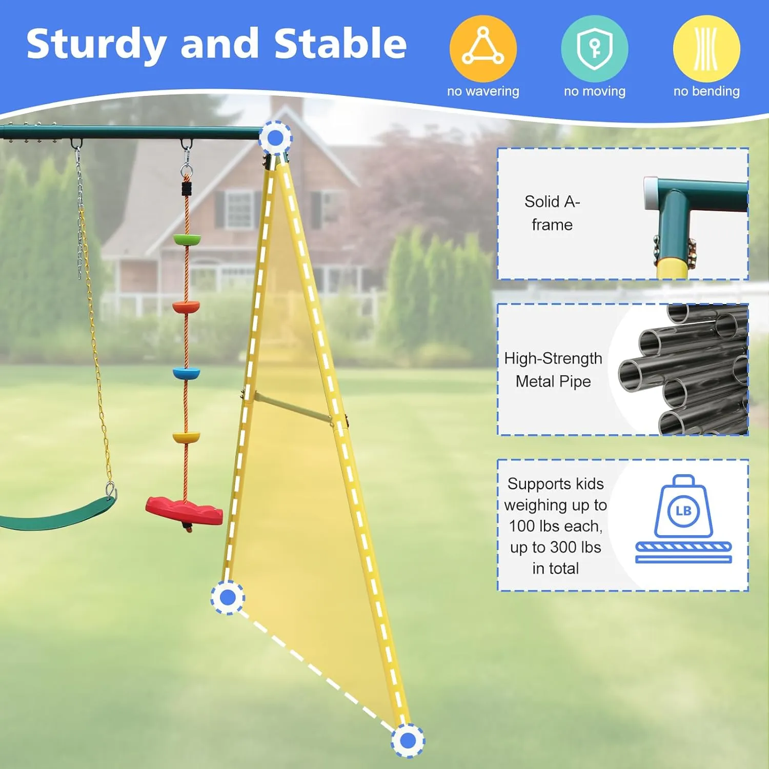 3 in 1 Swing Set and Climbing Rope for Kids Backyard Outdoor A-Frame Heavy-Duty Metal Swing Sets with Slide