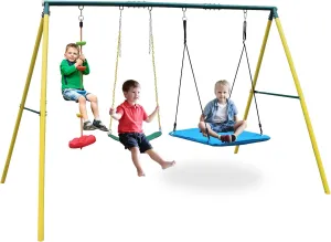 3 in 1 Swing Set and Climbing Rope for Kids Backyard Outdoor A-Frame Heavy-Duty Metal Swing Sets with Slide