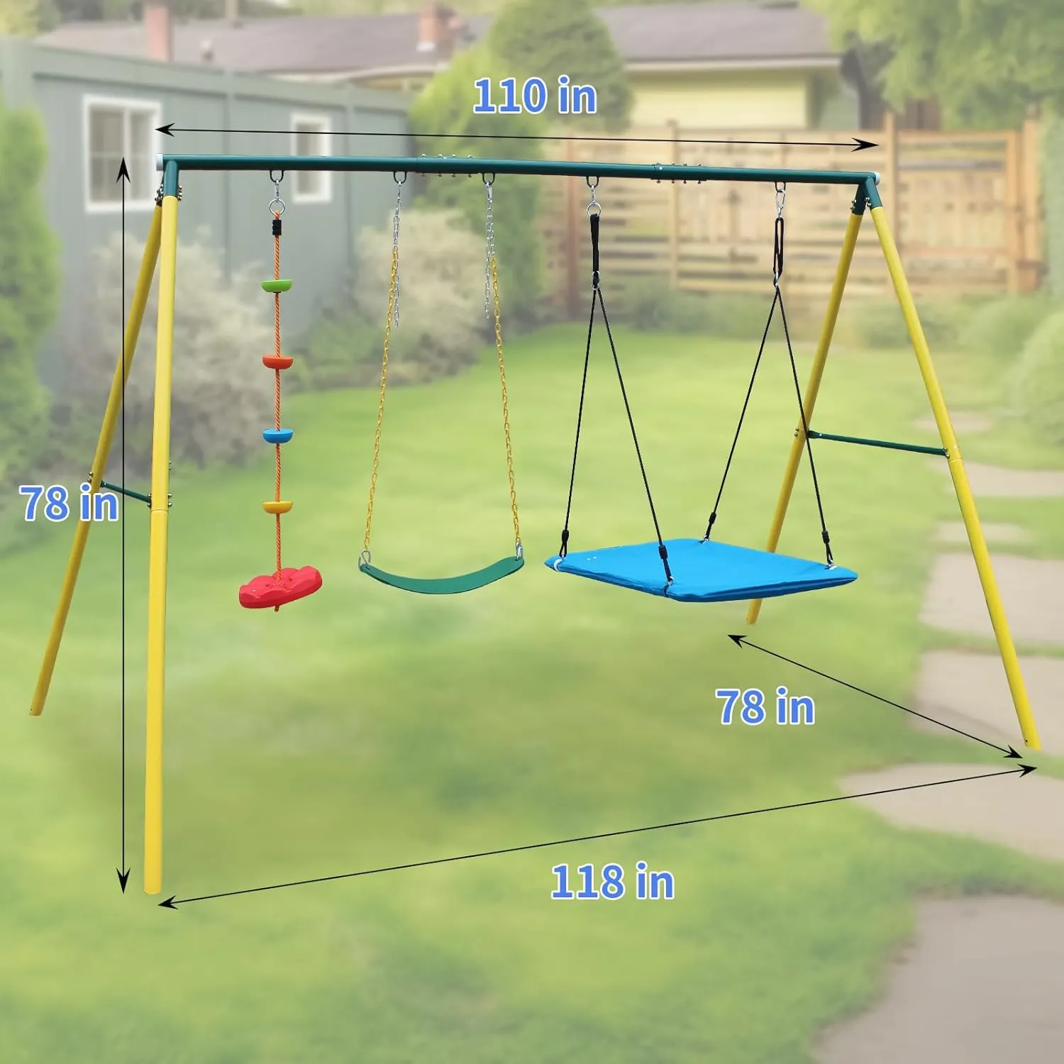 3 in 1 Swing Set and Climbing Rope for Kids Backyard Outdoor A-Frame Heavy-Duty Metal Swing Sets with Slide