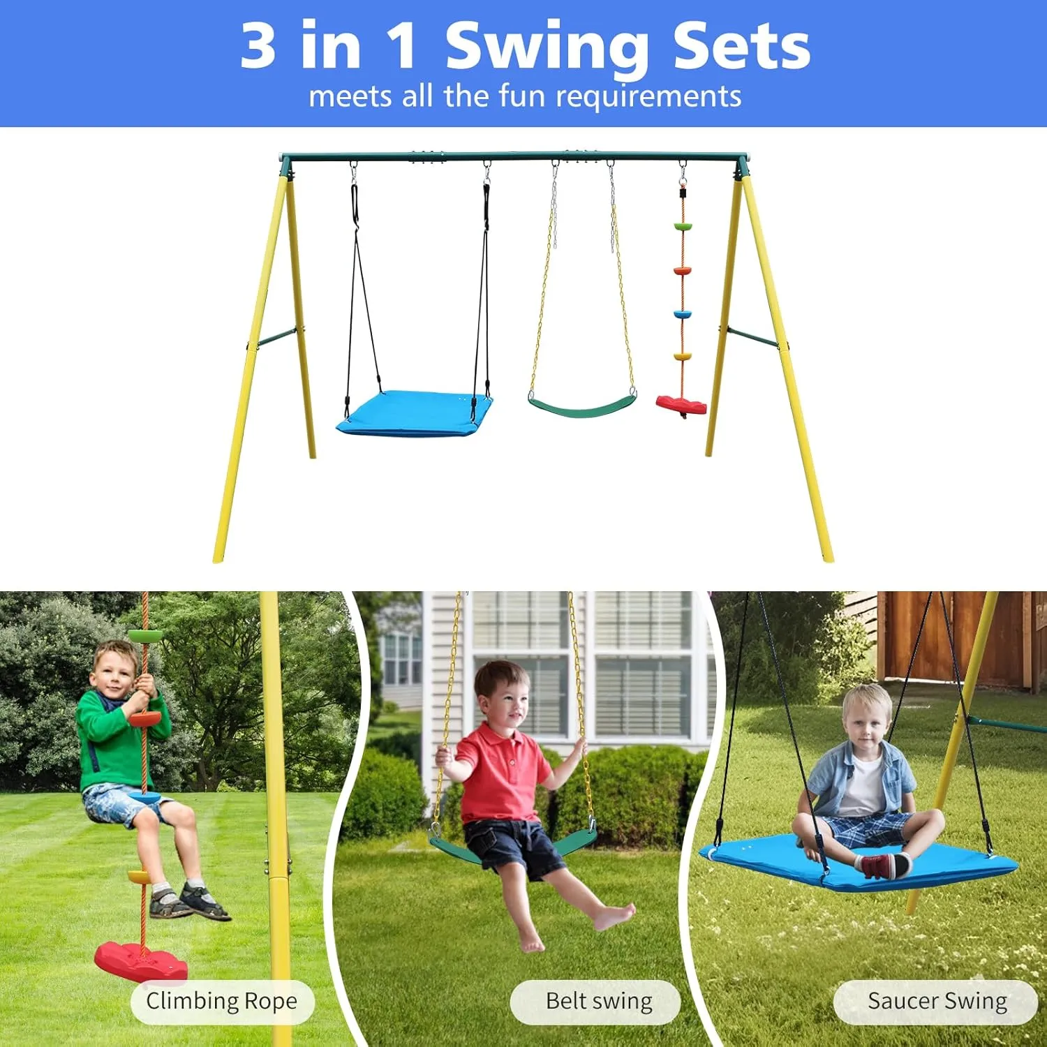 3 in 1 Swing Set and Climbing Rope for Kids Backyard Outdoor A-Frame Heavy-Duty Metal Swing Sets with Slide