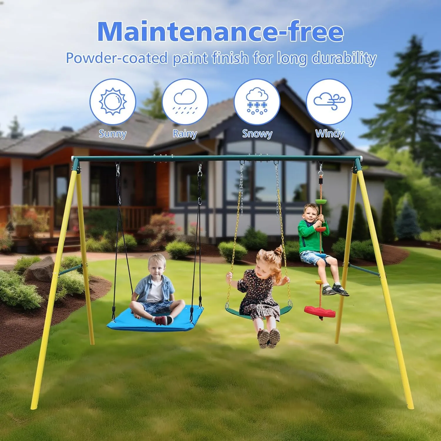 3 in 1 Swing Set and Climbing Rope for Kids Backyard Outdoor A-Frame Heavy-Duty Metal Swing Sets with Slide