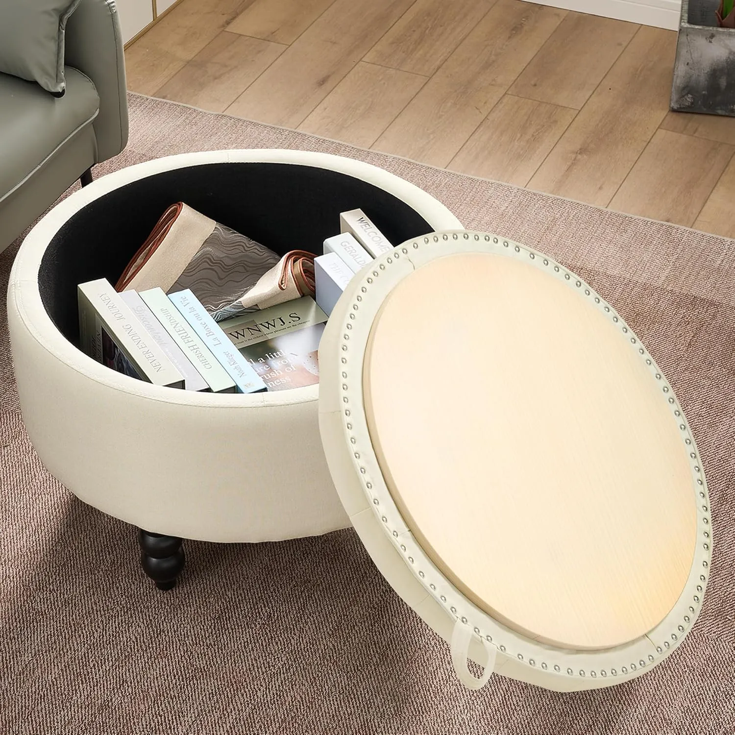 30 Inch Large Round Storage Ottoman, Modern Fabric Upholstered Tufted Coffee Table with Storage, Oversized Living Room Footrest Stool Ottoman with Flip Top Tray, Beige