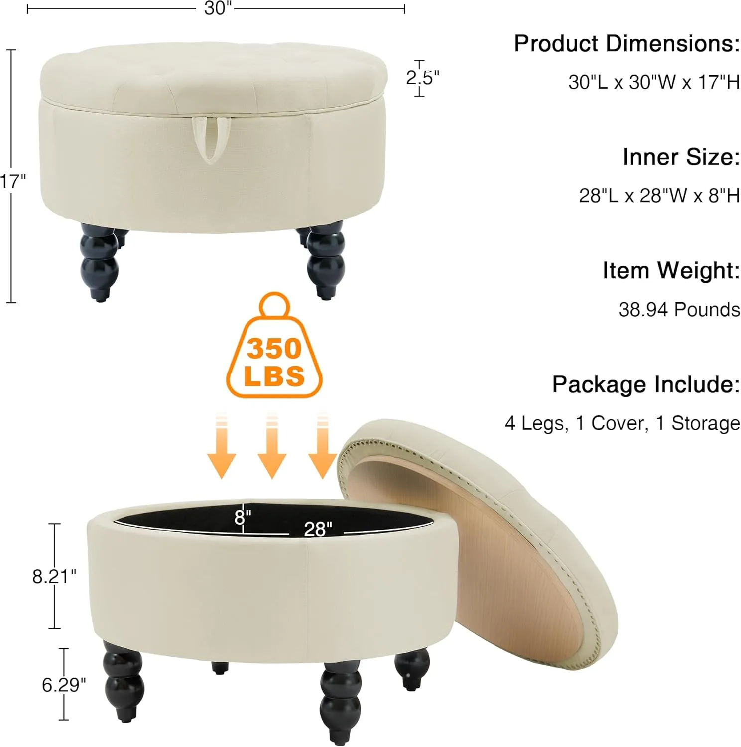 30 Inch Large Round Storage Ottoman, Modern Fabric Upholstered Tufted Coffee Table with Storage, Oversized Living Room Footrest Stool Ottoman with Flip Top Tray, Beige