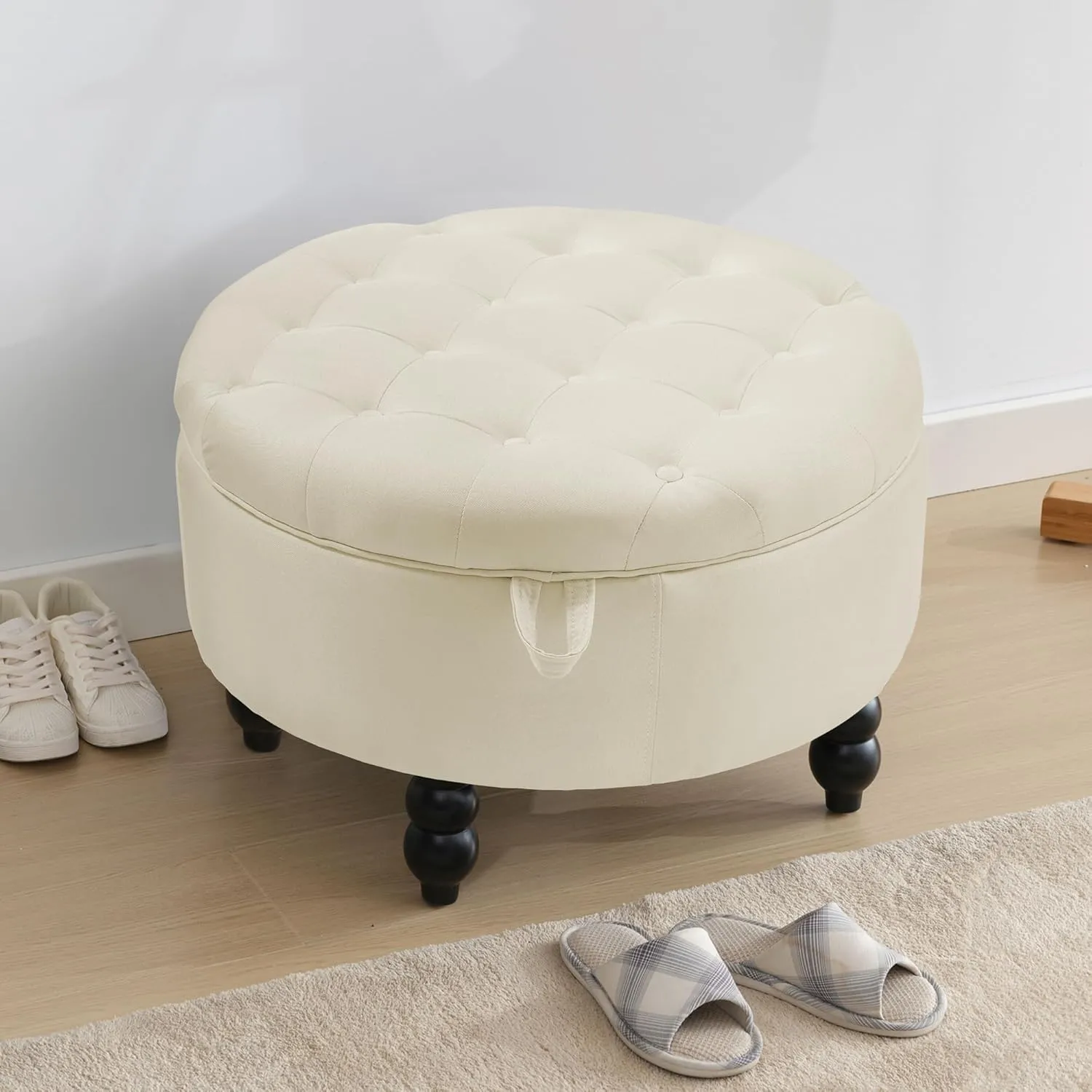 30 Inch Large Round Storage Ottoman, Modern Fabric Upholstered Tufted Coffee Table with Storage, Oversized Living Room Footrest Stool Ottoman with Flip Top Tray, Beige