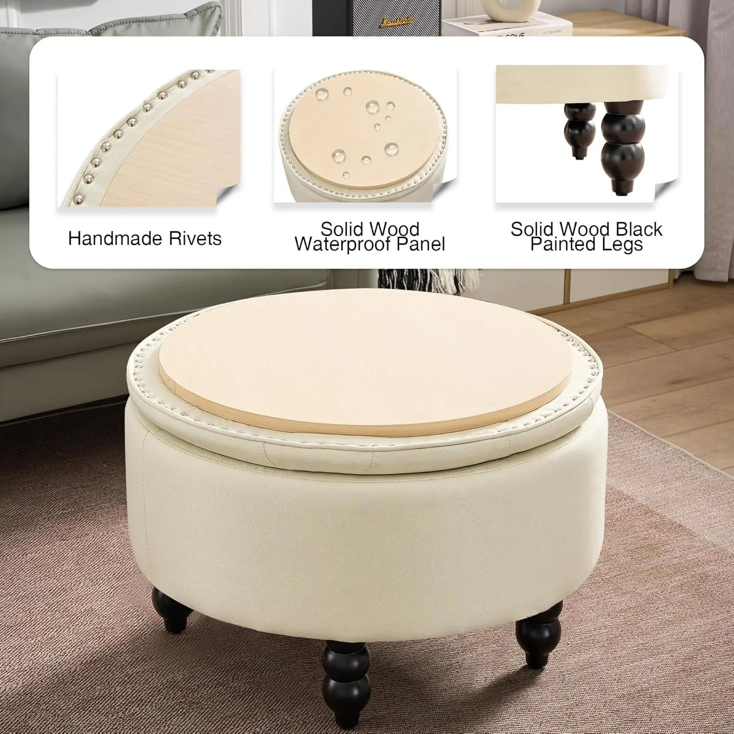 30 Inch Large Round Storage Ottoman, Modern Fabric Upholstered Tufted Coffee Table with Storage, Oversized Living Room Footrest Stool Ottoman with Flip Top Tray, Beige