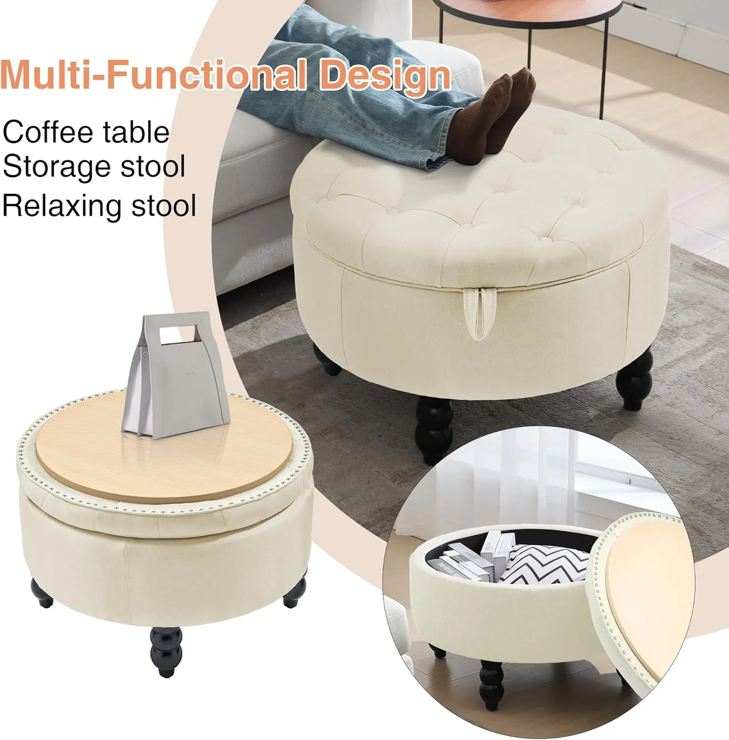 30 Inch Large Round Storage Ottoman, Modern Fabric Upholstered Tufted Coffee Table with Storage, Oversized Living Room Footrest Stool Ottoman with Flip Top Tray, Beige