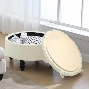 30 Inch Large Round Storage Ottoman, Modern Fabric Upholstered Tufted Coffee Table with Storage, Oversized Living Room Footrest Stool Ottoman with Flip Top Tray, Beige