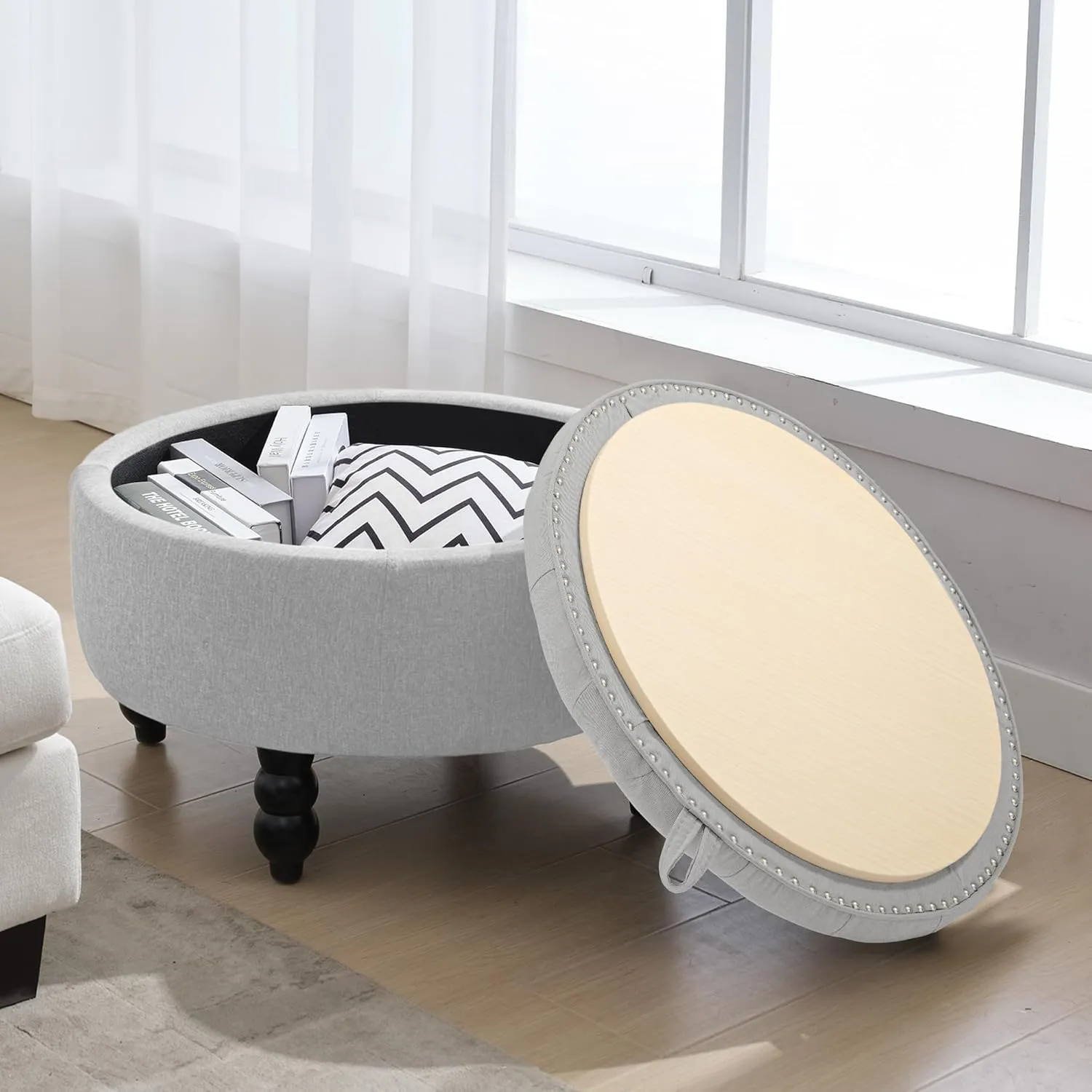 30 Inch Large Round Storage Ottoman, Modern Fabric Upholstered Tufted Coffee Table with Storage, Oversized Living Room Footrest Stool Ottoman with Flip Top Tray, Gray