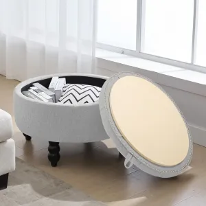 30 Inch Large Round Storage Ottoman, Modern Fabric Upholstered Tufted Coffee Table with Storage, Oversized Living Room Footrest Stool Ottoman with Flip Top Tray, Gray