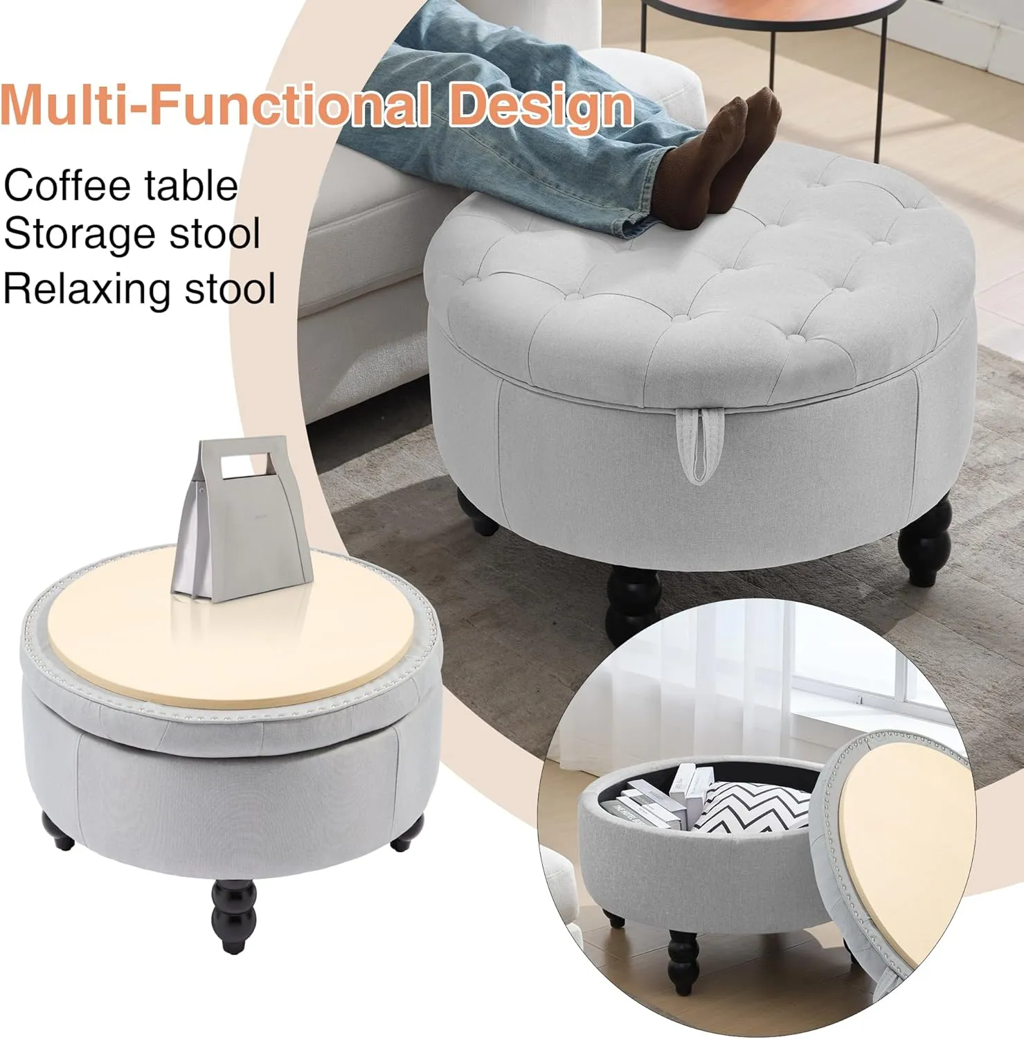 30 Inch Large Round Storage Ottoman, Modern Fabric Upholstered Tufted Coffee Table with Storage, Oversized Living Room Footrest Stool Ottoman with Flip Top Tray, Gray