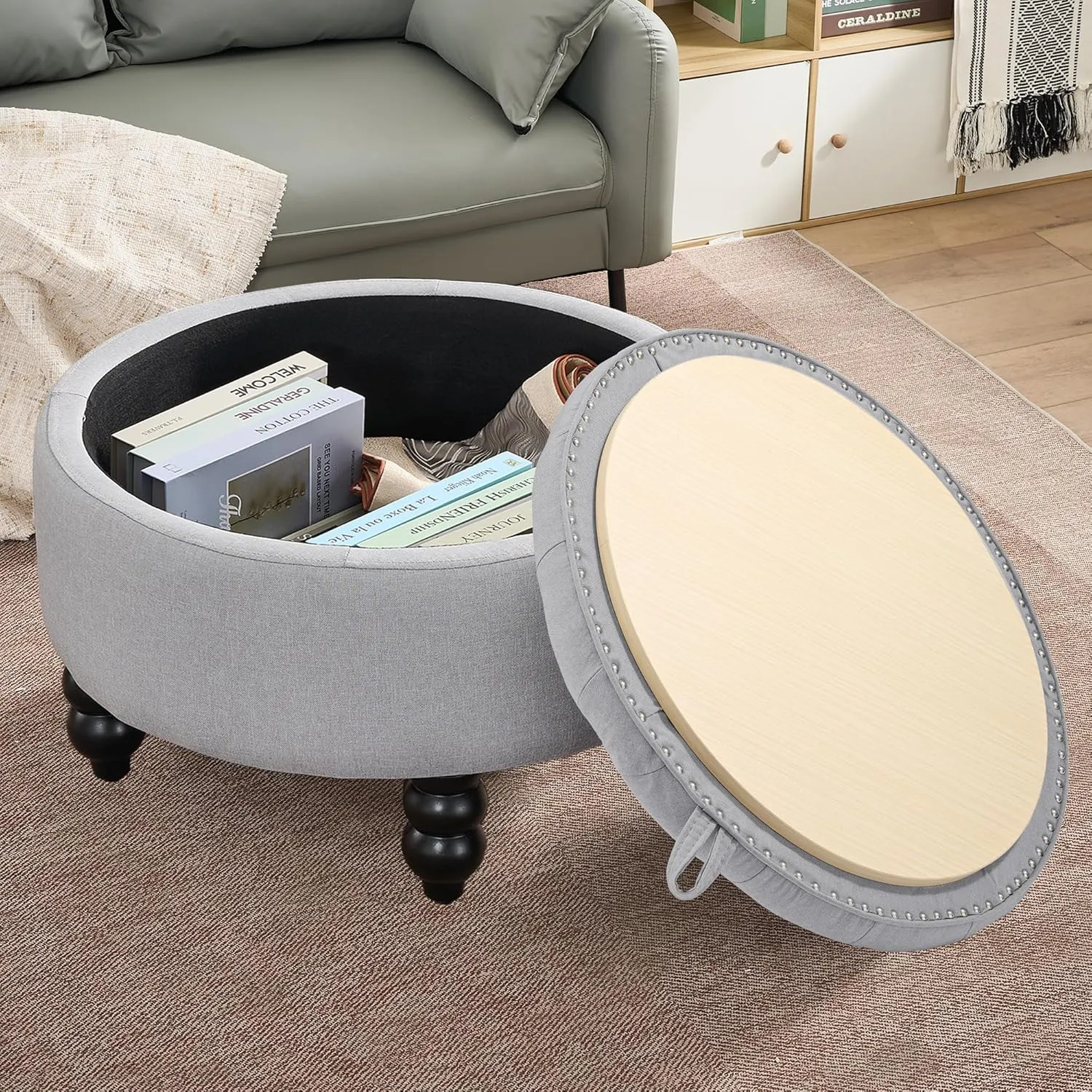 30 Inch Large Round Storage Ottoman, Modern Fabric Upholstered Tufted Coffee Table with Storage, Oversized Living Room Footrest Stool Ottoman with Flip Top Tray, Gray