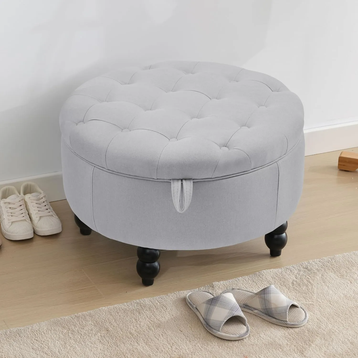 30 Inch Large Round Storage Ottoman, Modern Fabric Upholstered Tufted Coffee Table with Storage, Oversized Living Room Footrest Stool Ottoman with Flip Top Tray, Gray
