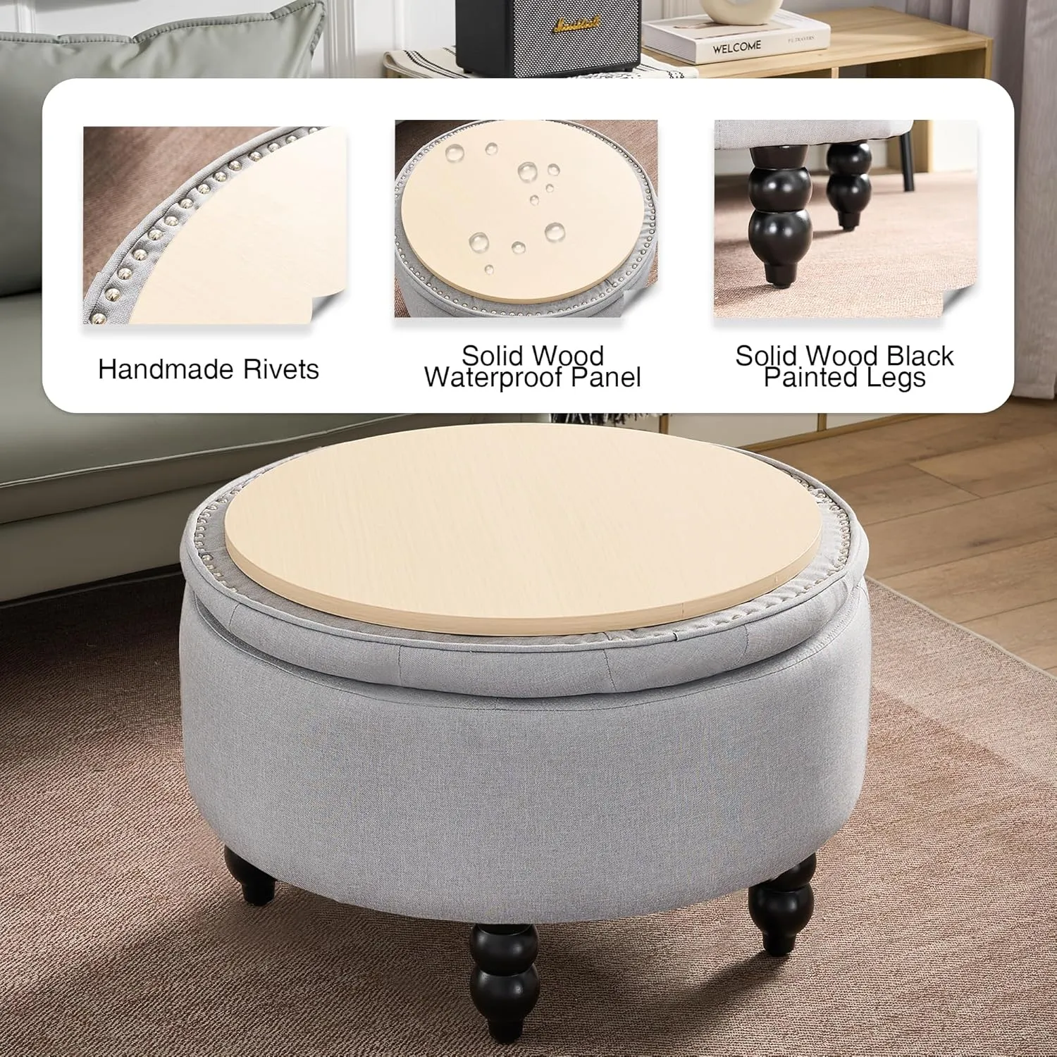 30 Inch Large Round Storage Ottoman, Modern Fabric Upholstered Tufted Coffee Table with Storage, Oversized Living Room Footrest Stool Ottoman with Flip Top Tray, Gray