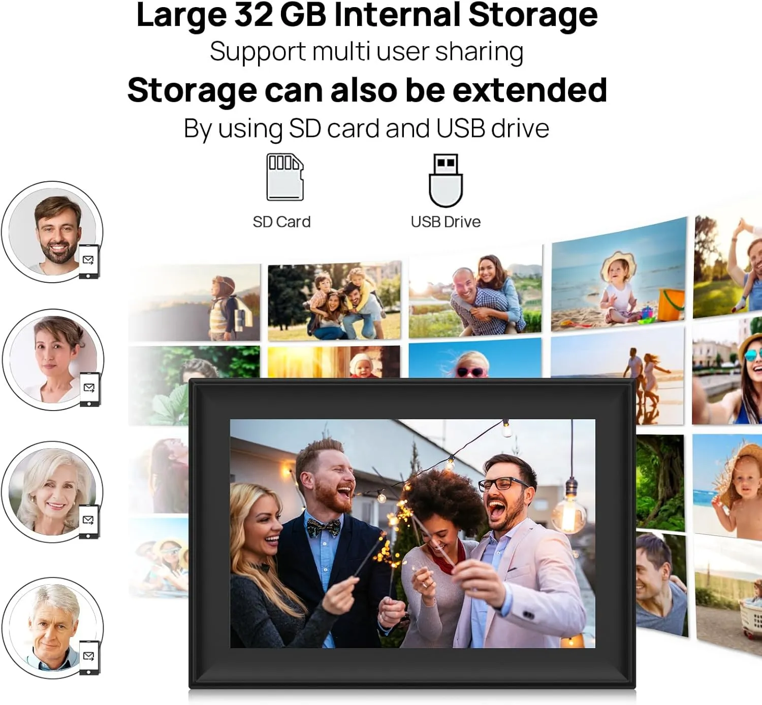 32GB 10.1 Inch WiFi Digital Picture Frame with 1280x800 HD IPS Touch Screen, Send Photo or Videos via App or Email,Support USB Drive/SD Card Extend Storage,Auto-Rotate,Wall Mountable