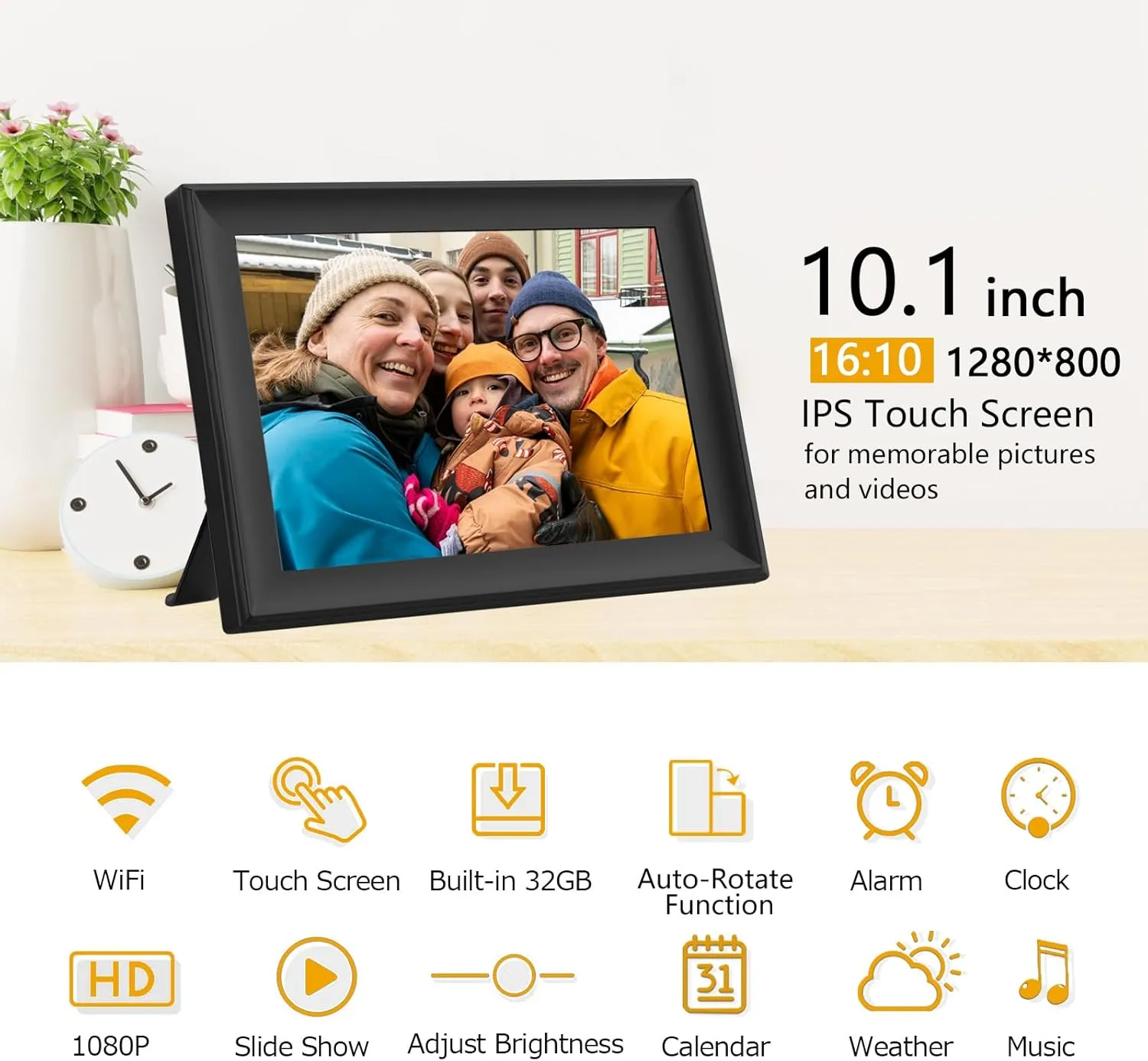 32GB 10.1 Inch WiFi Digital Picture Frame with 1280x800 HD IPS Touch Screen, Send Photo or Videos via App or Email,Support USB Drive/SD Card Extend Storage,Auto-Rotate,Wall Mountable