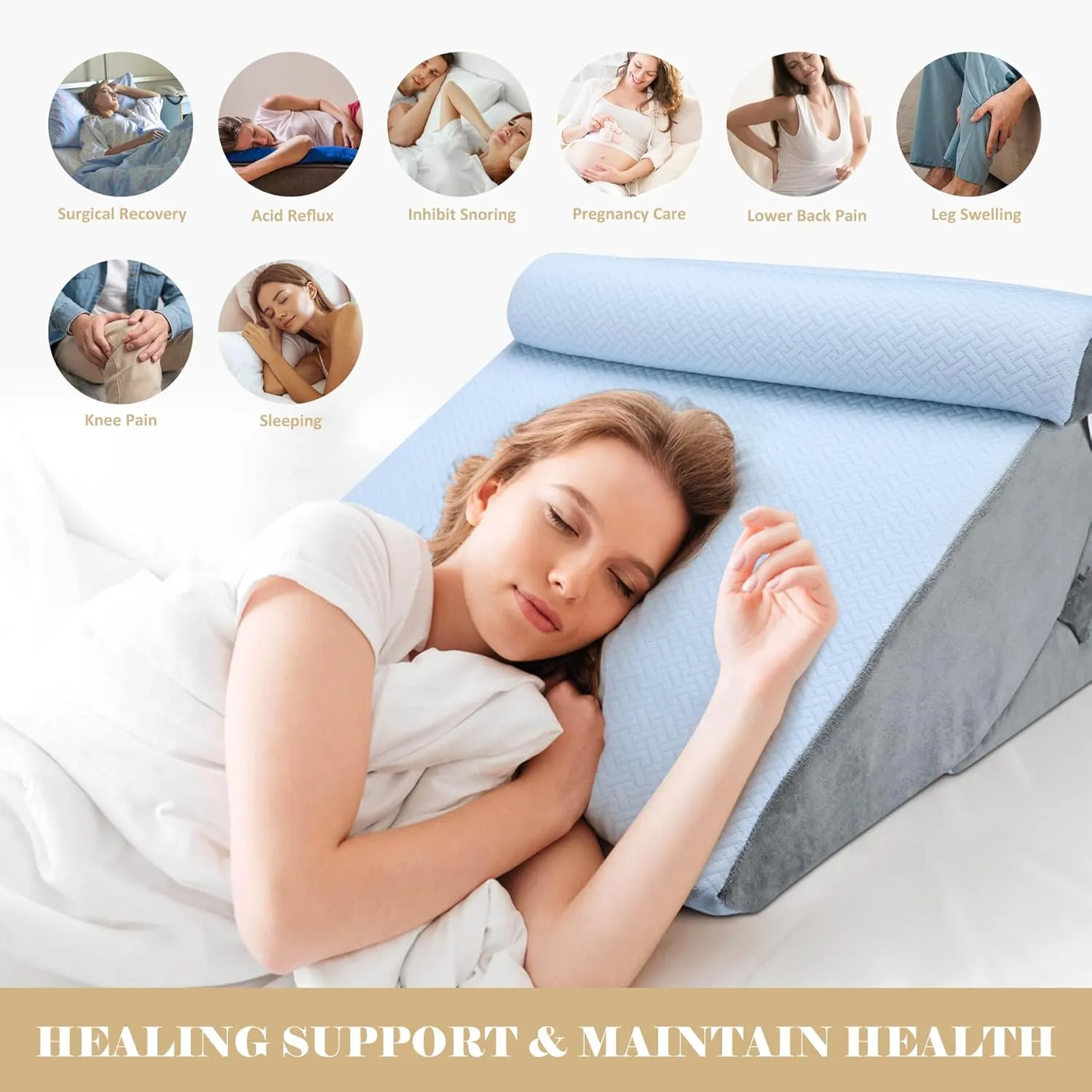 3pcs Bed Wedge Pillow Set, Adjustable Bed Wedge Pillow for Sleeping, 7 & 12 Inch Wedge Pillow Headboard for Acid Reflux and Back Pain Relief, Post Surgery, Snoring, Back Support, Light Blue