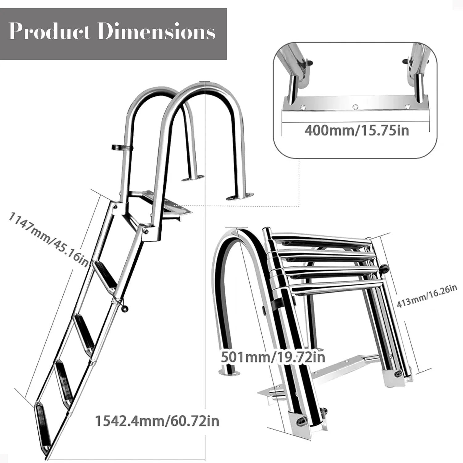 4-Step Stainless Steel Telescoping Dock Ladder for Pontoon Boats - Heavy Duty 600lbs Capacity, Foldable Rear Entry Swim Ladder with Wide Anti-Slip Pedals & Handrails