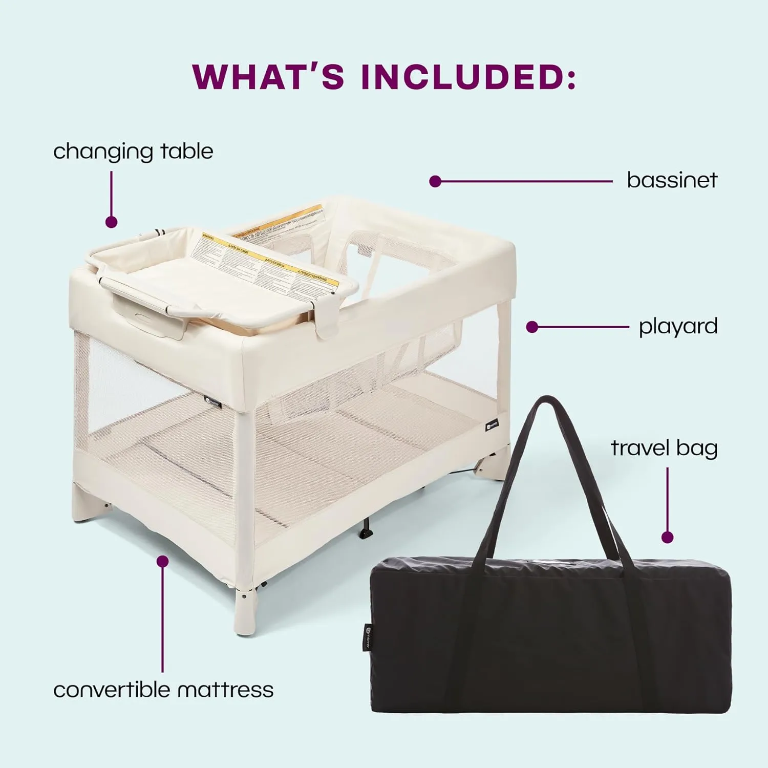 4moms Breeze Plus Portable Playard with Removable Bassinet and Baby Changing Station, Easy One-Handed Setup, Birch