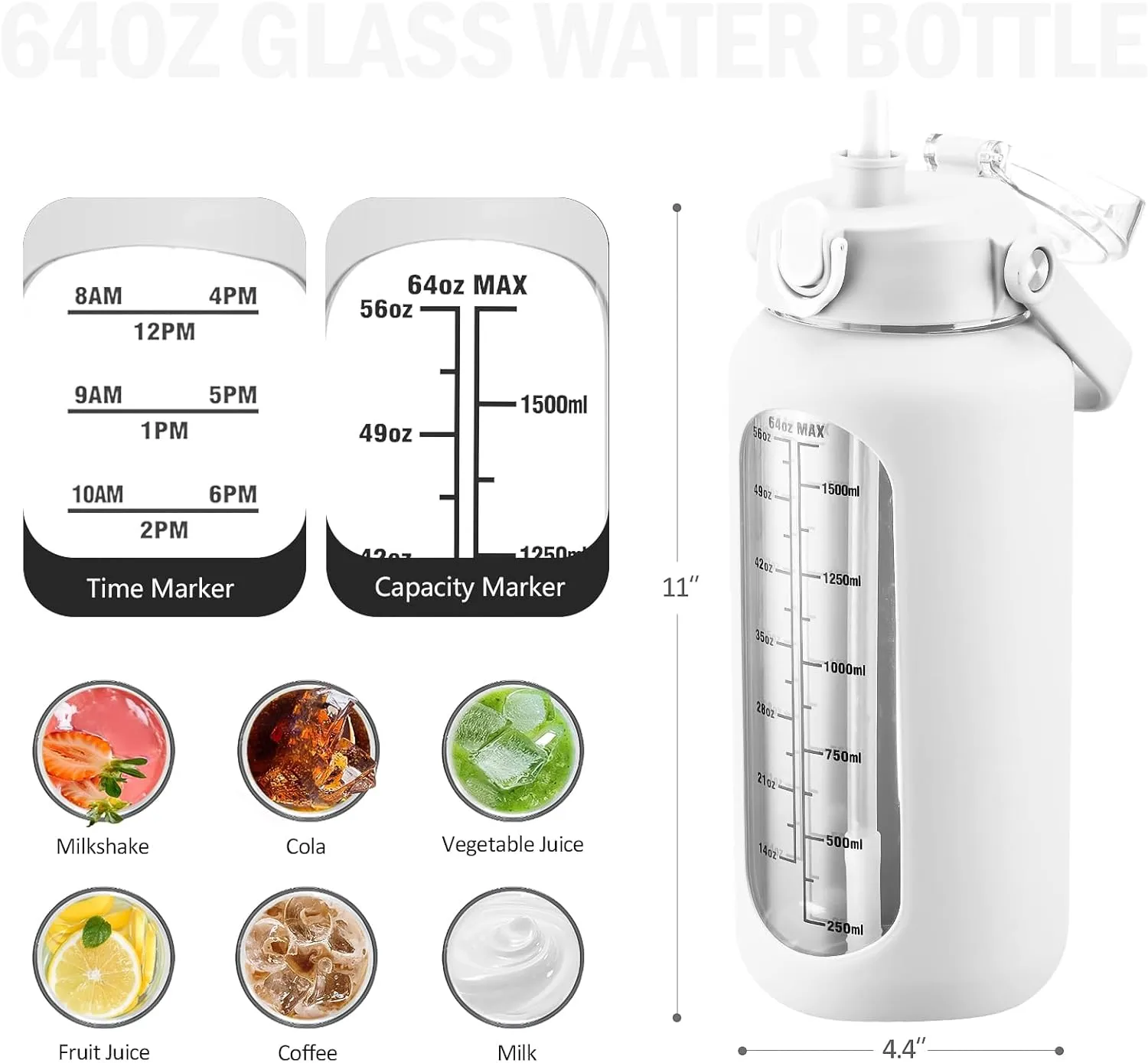 64 oz Glass Water Bottle with Straw and 2 Lids, Half Gallon Water Bottle with Sleeve, Large Insulated 2 Liter Glass Water Jug Time Marker with Handle