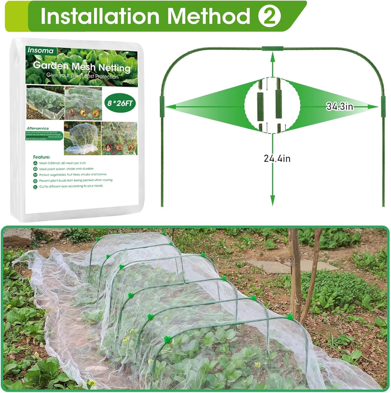 8x26Ft Garden Mesh Netting with Hoops Kit for Raised Bed, 6 Sets Wide Garden Hoops & 18 Clips, Garden Protection for Raised Beds Greenhouse Vegetable Plants Flowers Animals