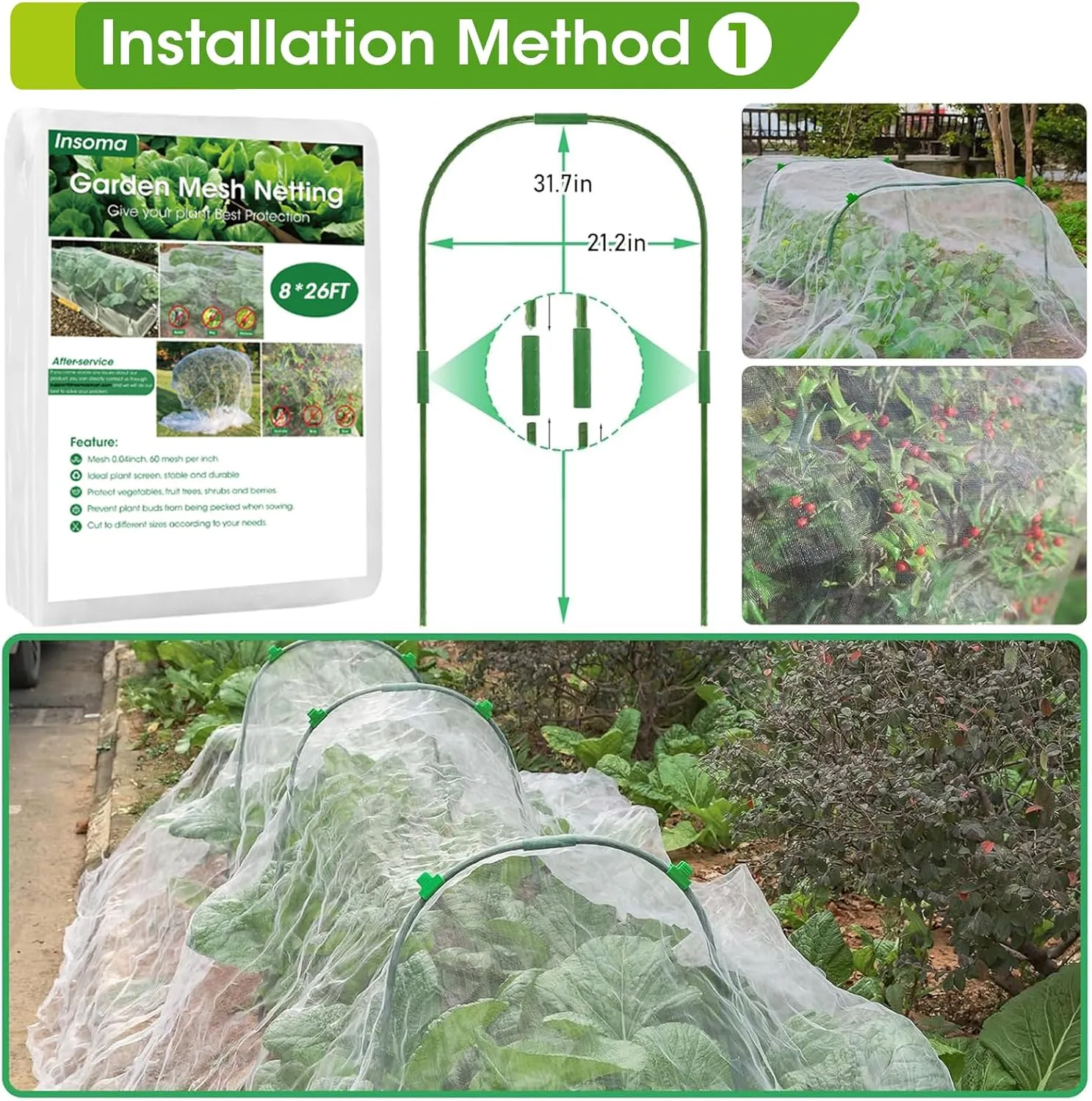 8x26Ft Garden Mesh Netting with Hoops Kit for Raised Bed, 6 Sets Wide Garden Hoops & 18 Clips, Garden Protection for Raised Beds Greenhouse Vegetable Plants Flowers Animals