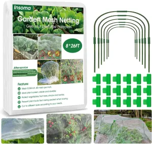 8x26Ft Garden Mesh Netting with Hoops Kit for Raised Bed, 6 Sets Wide Garden Hoops & 18 Clips, Garden Protection for Raised Beds Greenhouse Vegetable Plants Flowers Animals