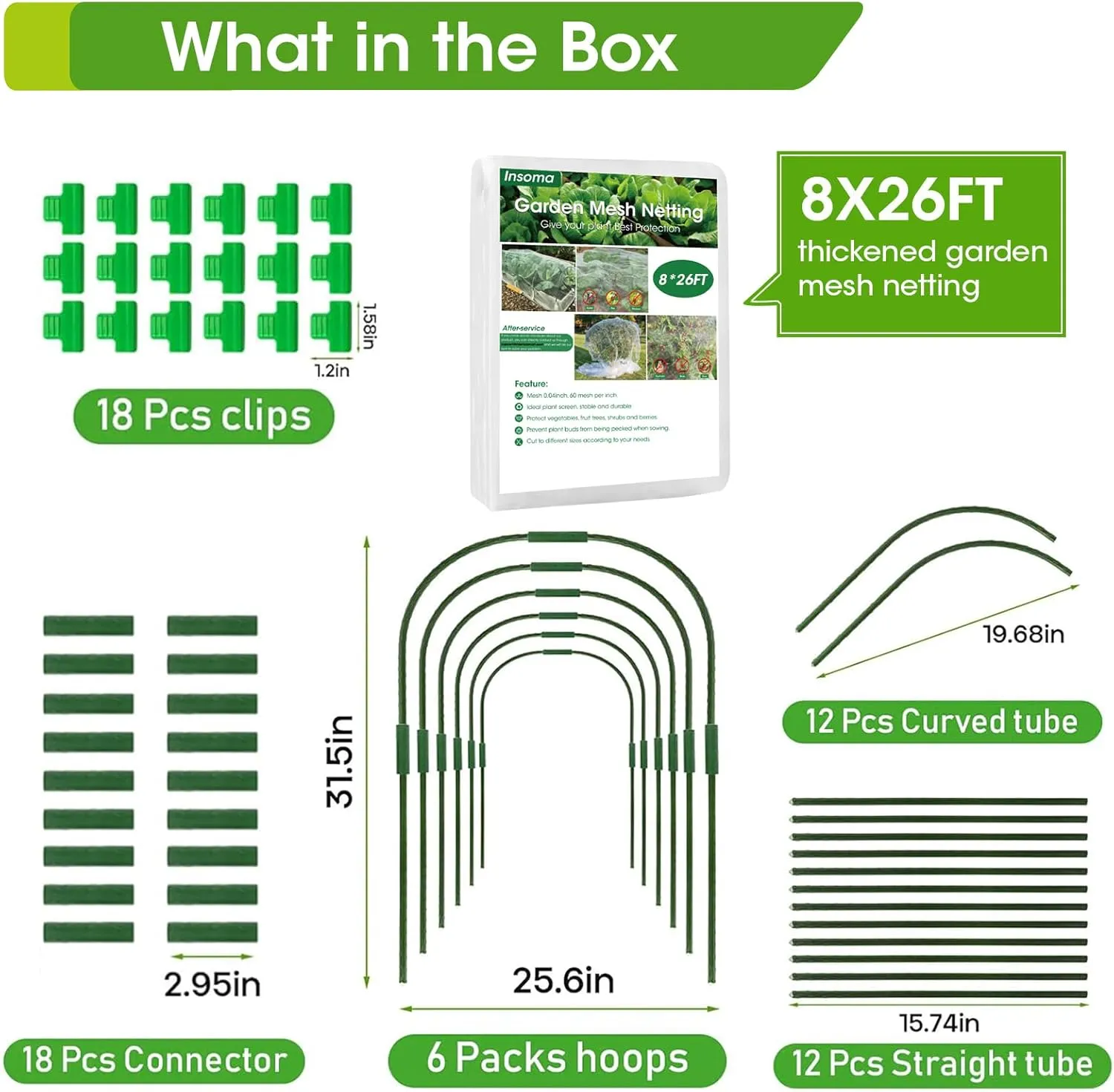 8x26Ft Garden Mesh Netting with Hoops Kit for Raised Bed, 6 Sets Wide Garden Hoops & 18 Clips, Garden Protection for Raised Beds Greenhouse Vegetable Plants Flowers Animals