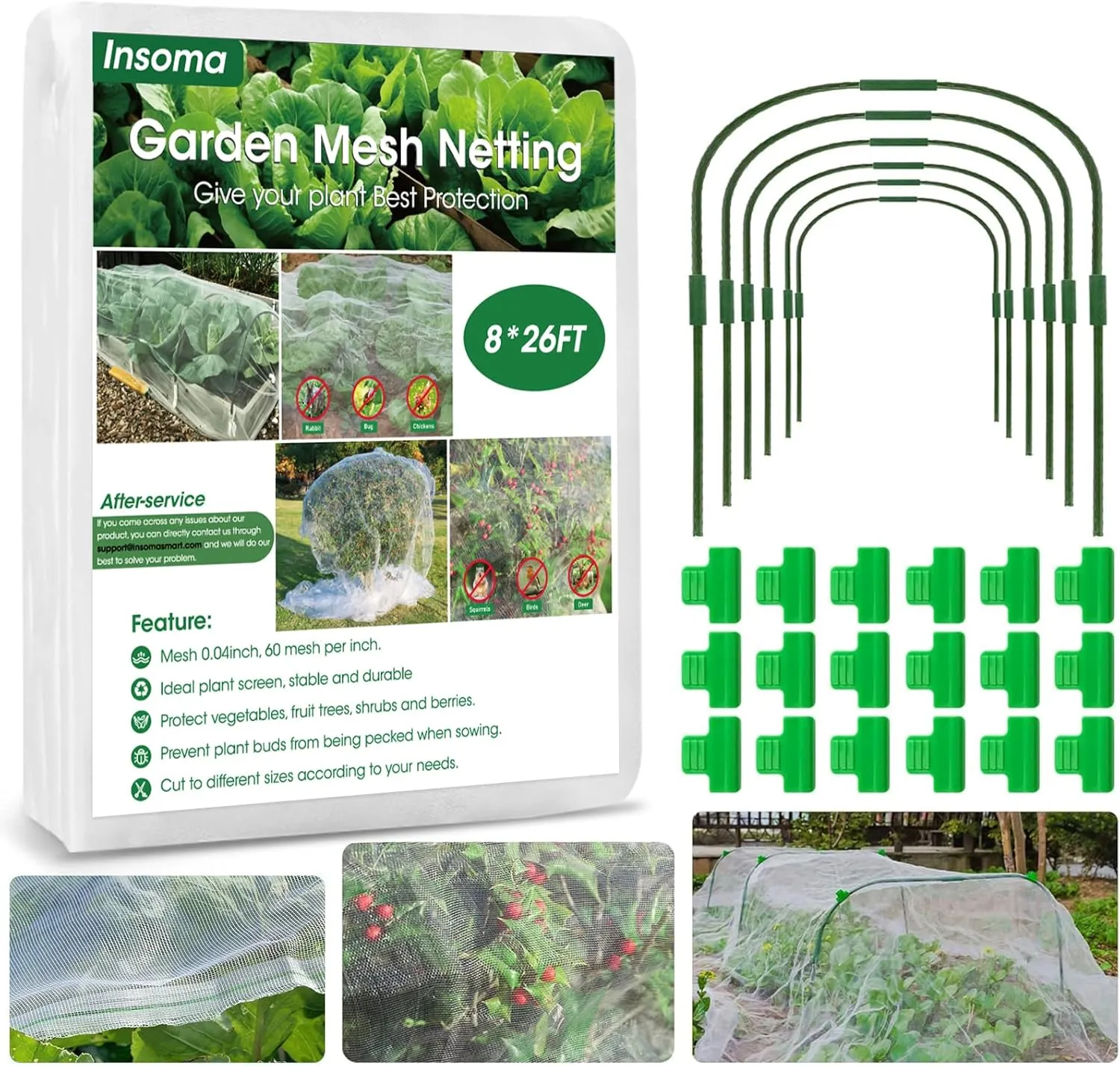 8x26Ft Garden Mesh Netting with Hoops Kit for Raised Bed, 6 Sets Wide Garden Hoops & 18 Clips, Garden Protection for Raised Beds Greenhouse Vegetable Plants Flowers Animals