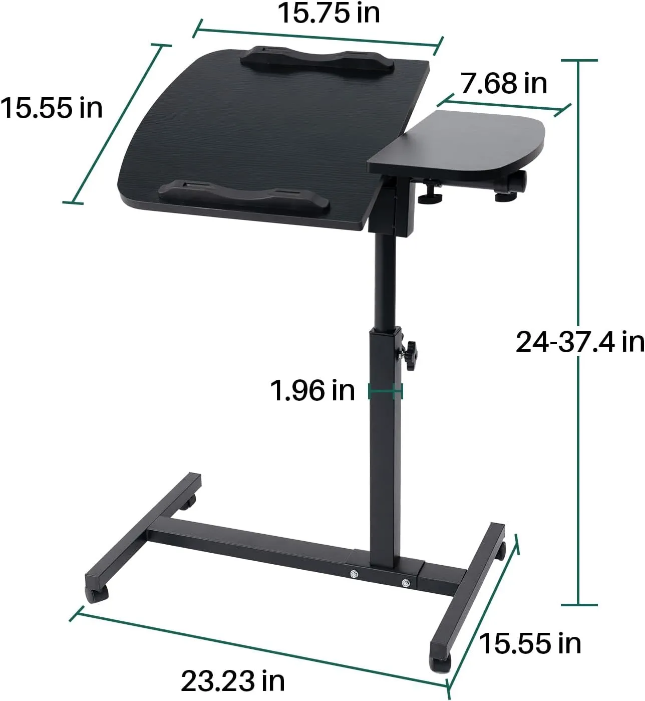 Adjustable Overbed Table with Wheels, Tilting Desktop, Rolling Laptop Desk for Bed, Sofa, or Hospital Use, Mobile Standing Desk for Laptop, Notebook, and Meals (Black)