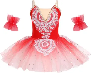 AFAVOM Ballet Leotards for Girls Lace Flower Camisole Leotard Skirt Performance Swan Ballet Dance Dress Ballerina Dancewear