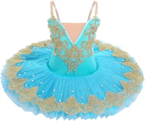AFAVOM Swan Lake Ballerina Costume for Girls Camisole Skirted Leotard Sequin Ballet Dance Platter Tutu Dress for Performance