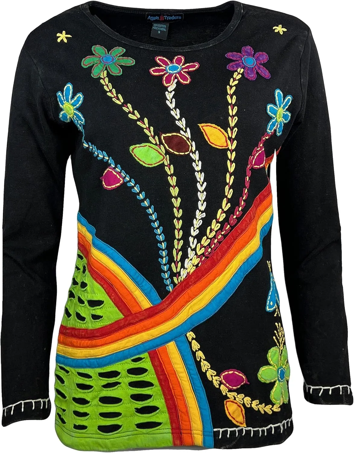 Agan Traders 2025 Spring Women's Boho Rib Knit Thick Cotton Distressed Patch Embroidered Long Sleeve Sweatshirt Top Blouse
