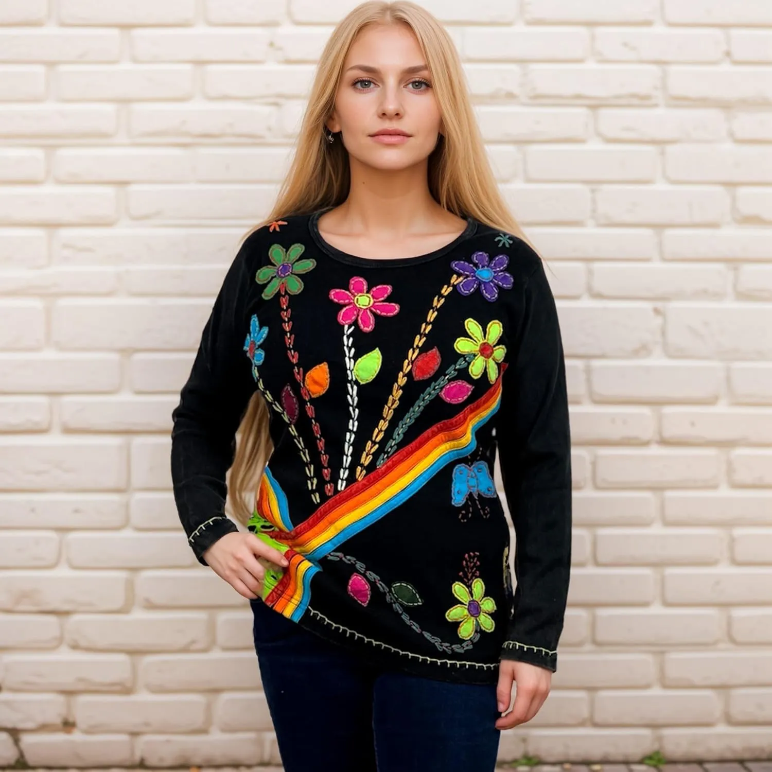 Agan Traders 2025 Spring Women's Boho Rib Knit Thick Cotton Distressed Patch Embroidered Long Sleeve Sweatshirt Top Blouse