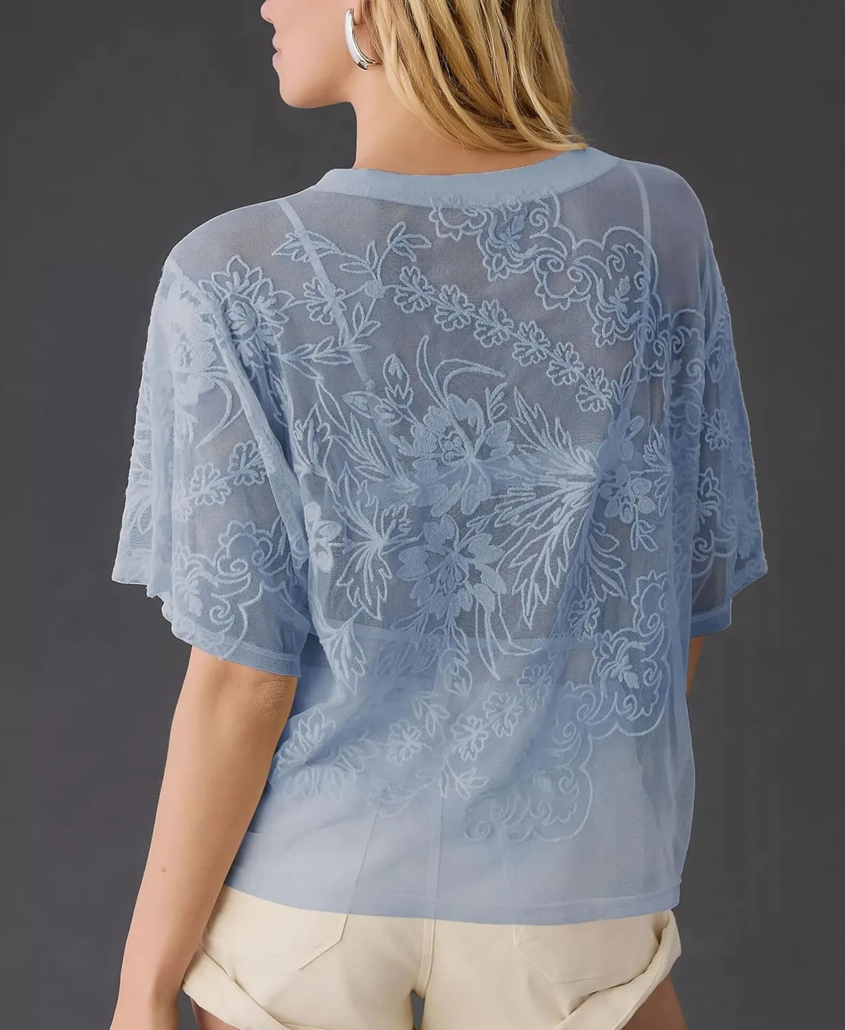 Aimiray Women's Sexy Mesh Tops Short Sleeve Round Neck Lace 3D Printed Floral Sheer Blouse See Through Layering Shirt Tops