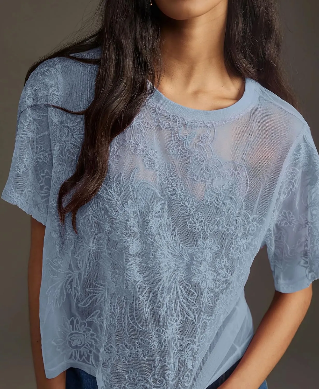 Aimiray Women's Sexy Mesh Tops Short Sleeve Round Neck Lace 3D Printed Floral Sheer Blouse See Through Layering Shirt Tops