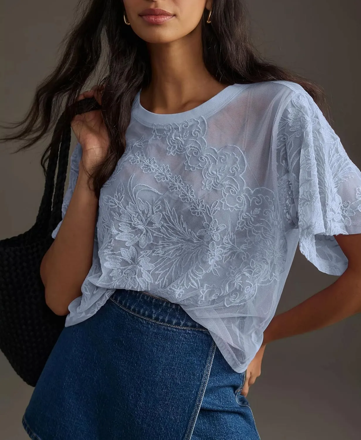 Aimiray Women's Sexy Mesh Tops Short Sleeve Round Neck Lace 3D Printed Floral Sheer Blouse See Through Layering Shirt Tops