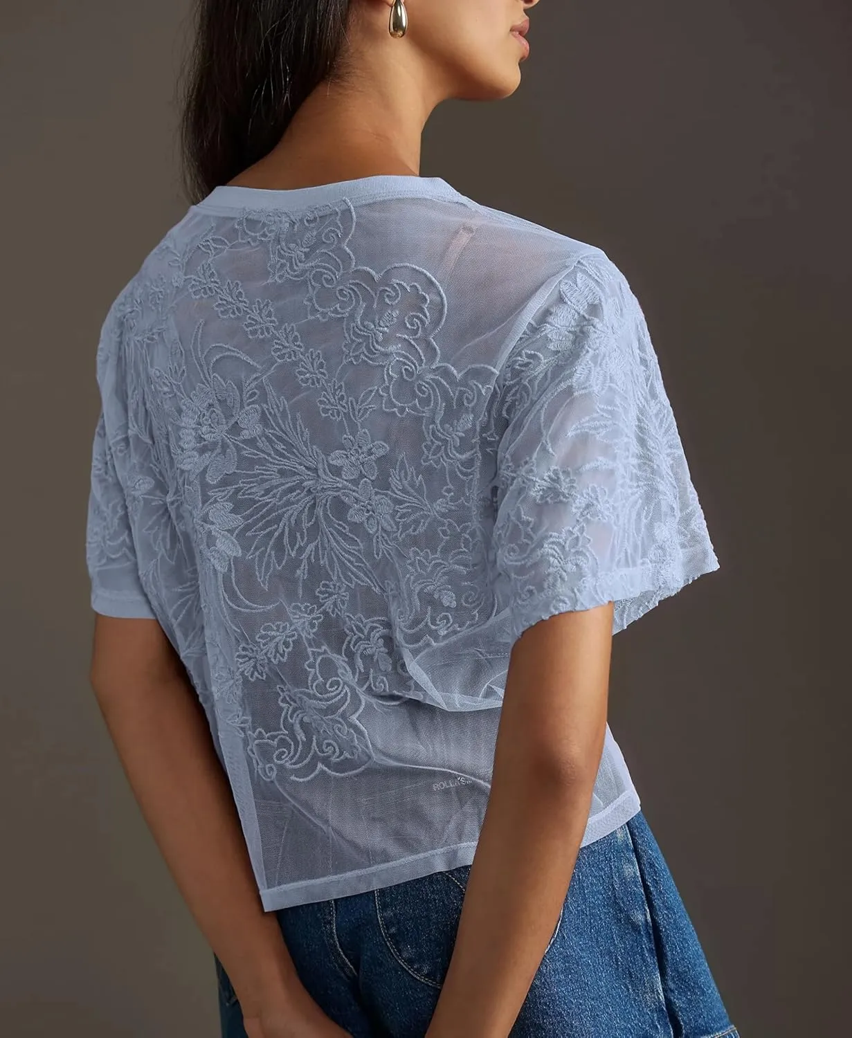 Aimiray Women's Sexy Mesh Tops Short Sleeve Round Neck Lace 3D Printed Floral Sheer Blouse See Through Layering Shirt Tops