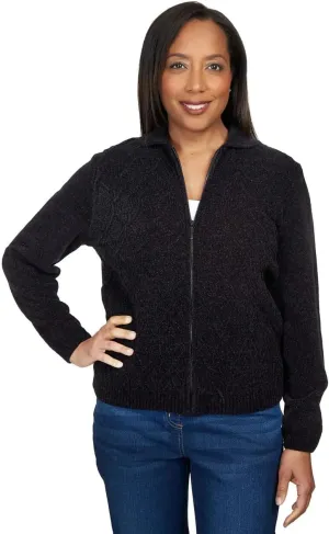 Alfred Dunner Womens Petites Collar Cable Knit Crewneck Sweater