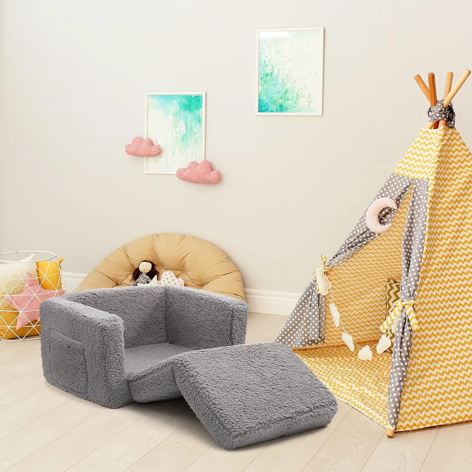 ALIMORDEN 2-in-1 Flip Out Cuddly Sherpa Toddler Couch, Convertible Sofa to Lounger, Grey
