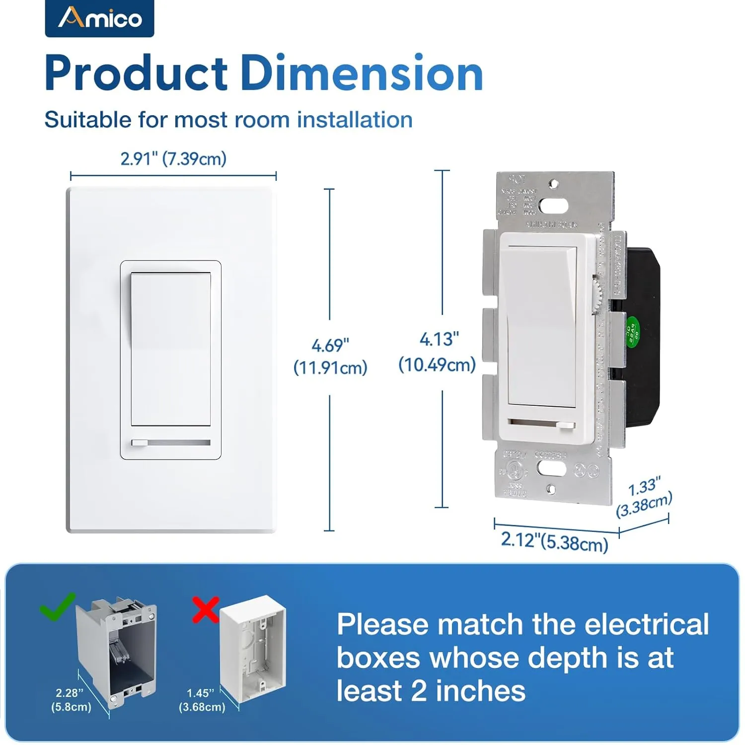 Amico 2 Pack Dimmer Light Switch, Single-Pole or 3-Way Compatible Slide Control Dimmer, Suitable for 150W LED Light/CFL/Incandescent and 600W Tungsten Bulb, Wall Plates and Screws Included, White