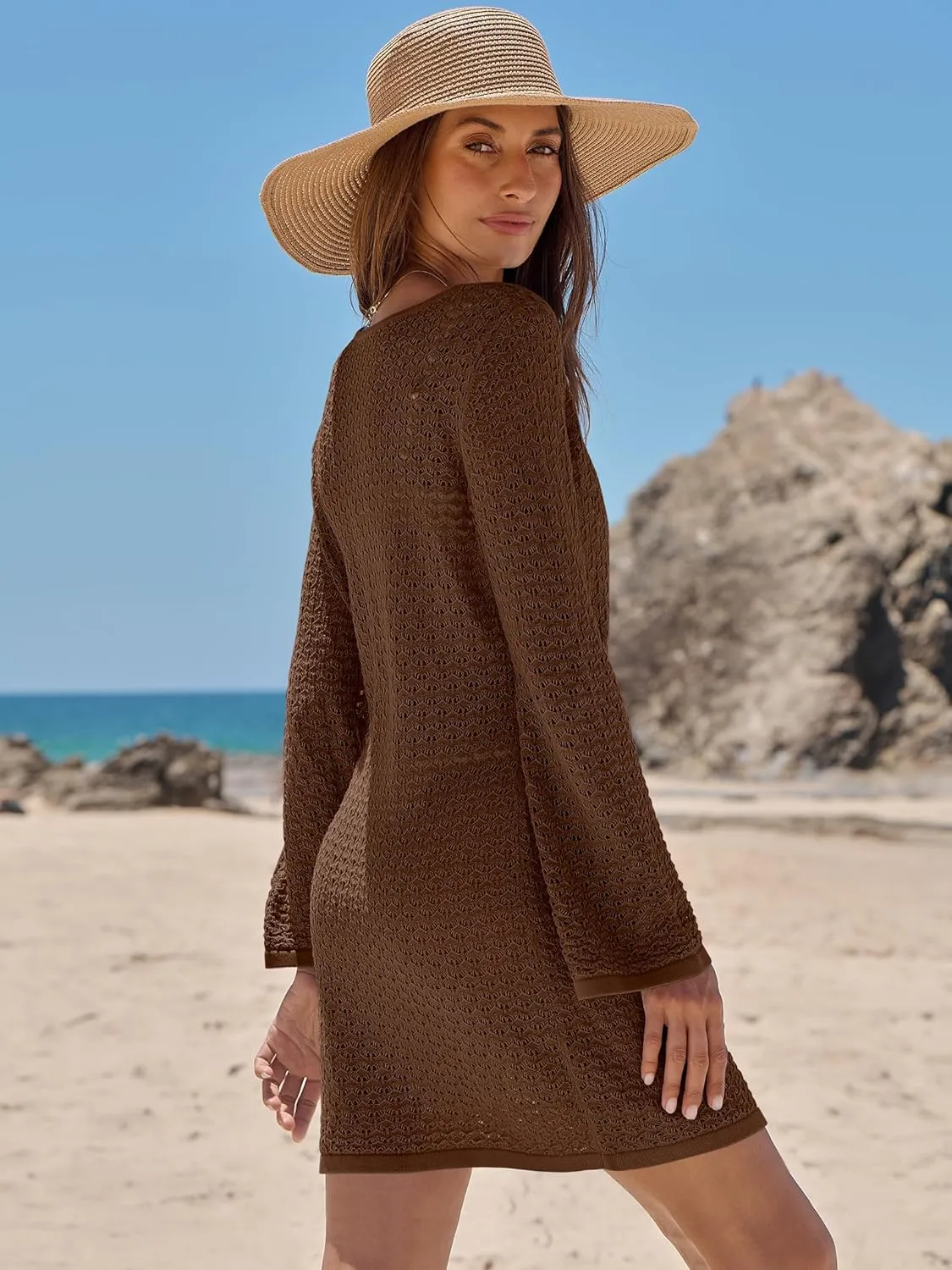 ANRABESS Beach Cover Ups for Women Crochet Swimsuit Bathing Suit Swimwear Bikini Mesh Knit Dress 2025 Summer Vacation Outfits